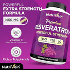 Nutrivein Premium Resveratrol 1450mg - 120 Caps: Pure Trans Resveratrol Supplement Enhanced with Green Tea Leaf & Acai Berry - Aging, Defenses, Brain, Heart, and Joint Support
