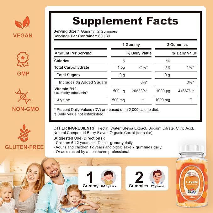 L-Lysine Gummies 1000mg - L-Lysine Supplements for Kids and Adults - Lip and Cold Sore* Support for Women - Chewable Lysine Gummies with Vitamin B12 - Vegan, Non GMO, Gluten-Free, 120 Counts