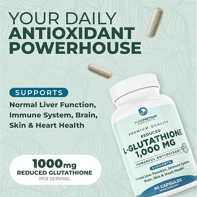 PurePremium Reduced Glutathione 1000mg per Serving – 98% Purity – L-Glutathione Supplement 500mg per Capsule – Antioxidant Supplement for Liver Detox, Skin, Brain & Immune Support – 45-Day Supply