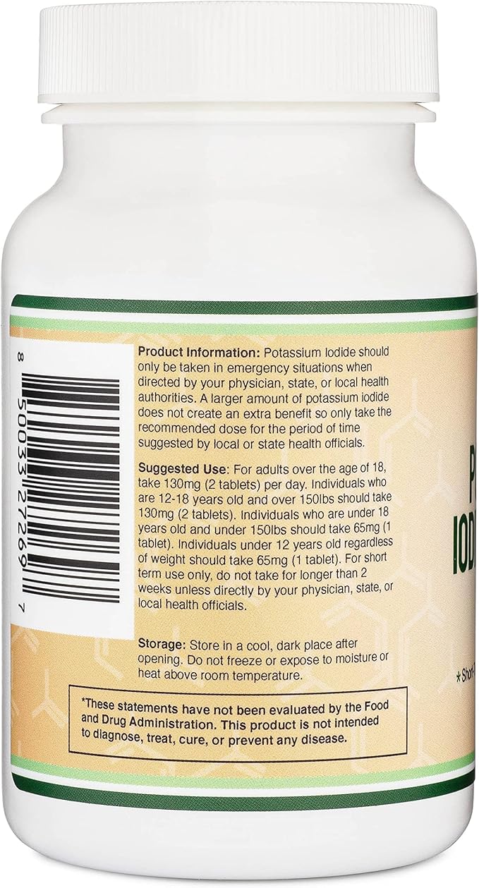 Potassium Iodide 130mg Tablets - Emergency Use for Exposure - 180 Count, 3 Month Supply - Double Wood Supplements (Pack of 2)