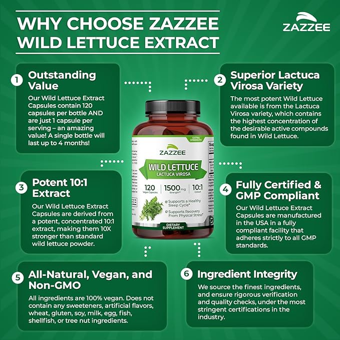 Zazzee Extra Strength Wild Lettuce 10:1 Extract, 120 Vegan Capsules, 4 Month Supply, Lactuca Virosa, Relaxation, Calm & Mood Support, Concentrated 10X Extract, 100% Vegetarian, Non-GMO, Made in USA