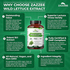 Zazzee Extra Strength Wild Lettuce 10:1 Extract, 120 Vegan Capsules, 4 Month Supply, Lactuca Virosa, Relaxation, Calm & Mood Support, Concentrated 10X Extract, 100% Vegetarian, Non-GMO, Made in USA