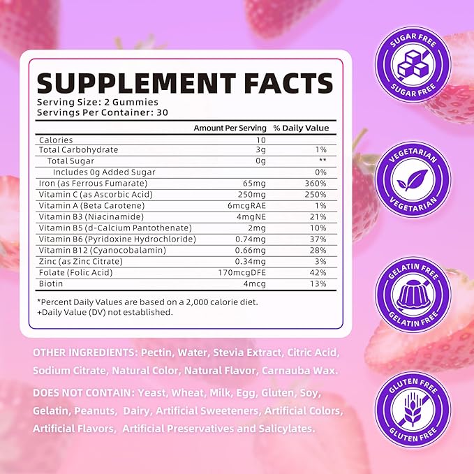 softbear Iron Gummies for Women & Men & Kids, Chewable Iron Supplements with Vitamin C,B3,B5,B6,B12 Supports Immune System, Energy & Vitality, Sugar-Free/Vegan, Strawberry Flavor 120 Count