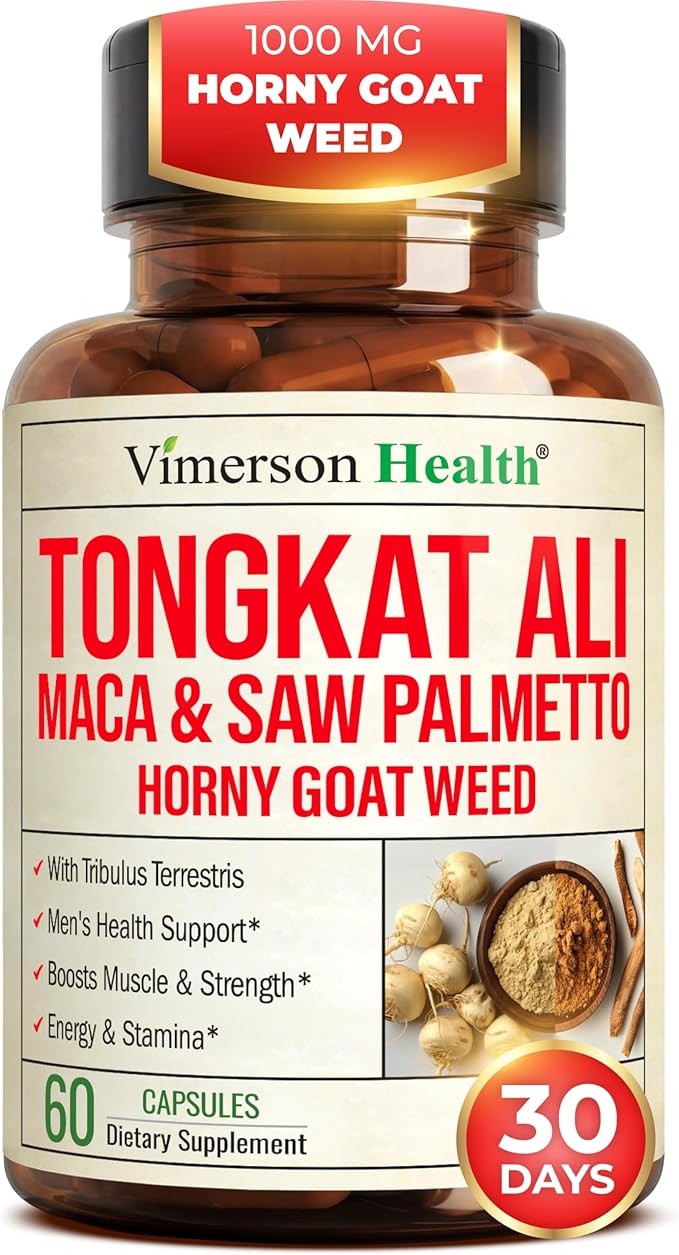 HornyGoatWeed for Men (1000mg per Serving) – Male Enhancing Supplement w/ Maca Root, Tongkat Ali, Saw Palmetto, Panax Ginseng, Tribulus Terrestris & L-Arginine for Energy, Drive & Strength, 60 Count