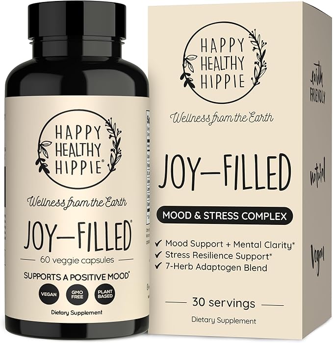 Joy-Filled Mood Support Supplement - 7 Herb Complex + St. Johns Wort | Stress Relief – Helps Calm The Mind & Body | 100% Plant-Based Happy Pills, Ashwagandha, Rhodiola Rosea | Adaptogens, 60 Ct