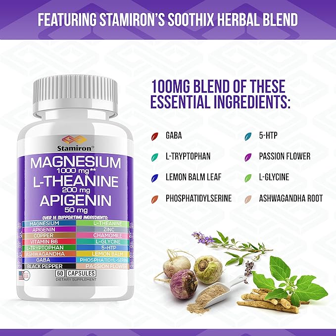 Magnesium Complex 1000mg L Theanine 200mg Apigenin 50mg Supplement with Mag Glycinate Citrate Malate Taurate + Chamomile 5-HTP Passion Flower Lemon Balm B6 Ashwagandha and L Tryptophan - Made in USA