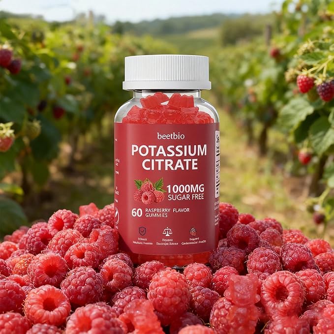 Potassium Citrate Gummies 1000mg, Chewable Potassium Citrate Supplement for Kids & Adults, Support Leg Cramps & Muscle Health, Sugar Free, Vegan, Raspberry Flavor (60Count)