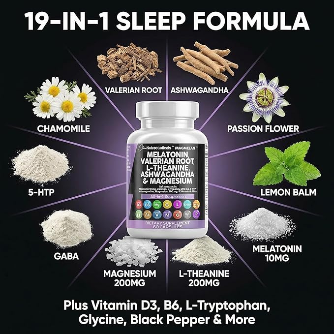 Clean Nutraceuticals Melatonin 10mg Valerian Root L Theanine 200mg Ashwagandha - Sleep Support for Women & Men with Magnesium Complex, Lemon Balm, Chamomile, & Passion Flower - 60 Caps
