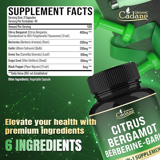Cadane Citrus Bergamot Supplement with Berberine, Garlic, Green Tea, Grape Seed & Black Pepper | Wellness & Vitality Support | Vegan, Non-GMO – 90 Capsules – 45-Day Supply