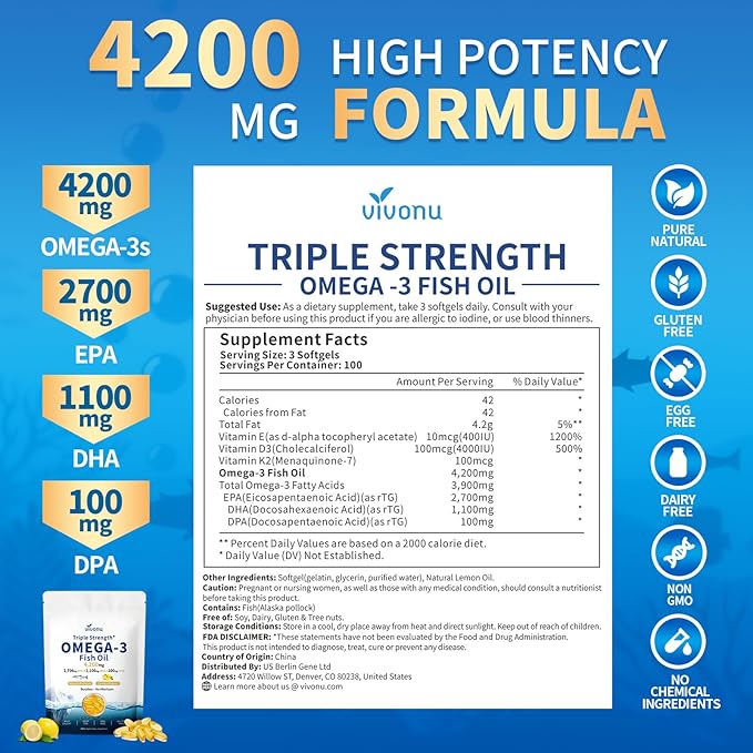VivoNu Triple Strength Omega 3 Fish Oil - 4200mg, 300 Softgels | Enteric-Coated for No Fishy Aftertaste | Wild-Caught | Third-Party Tested