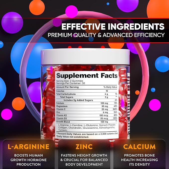 BIOTEQUELAB Height Growth Increase Gummies Vitamins, Grow Tall Supplement, Calcium, Magnesium, Zinc, Ashwagandha, Glucosamine Multivitamin for Teens, Kids, Adults