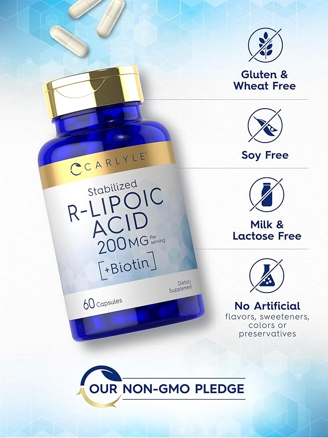 Carlyle R-Lipoic Acid 200mg | 60 Capsules | Stabilized RLA with Biotin | Non-GMO, Gluten Free