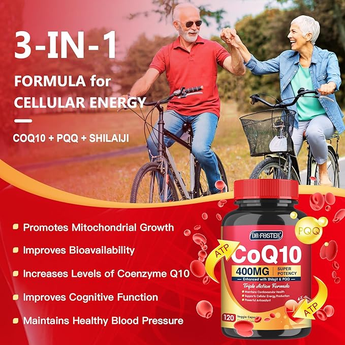 DRFOSTER CoQ10 400mg-High Absorption Coenzyme Q10 Supplements with PQQ, Shilajit & Vitamin E, Powerful Antioxidant for Heart & Brain Health and Energy-Production 120 Veggie Capsules