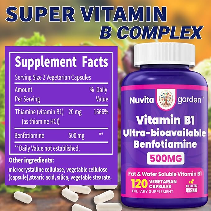 Benfotiamine 500mg + 20mg Vitamin B1, 120 Veggie Capsules, High Potency Fat Soluble Essential Vitamin B1 Thiamine Supplement, Supports Overall Health, Non-GMO, Gluten Free
