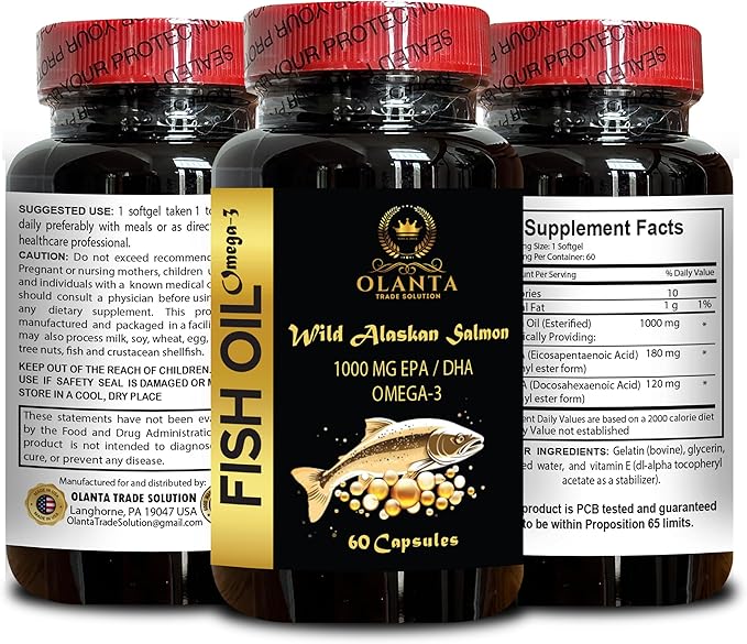 Wild Alaskan Fish Oil - Triple Strength Burpless Fish Oil Supplement with High-Potency EPA, DHA, Natural Fish Oil Formula, Joint Support Pills - 1 Bottle 60 Softgels