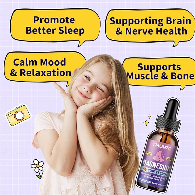 Kids Magnesium Liquid Drops-Magnesium Glycinate Liquid for Kids Supplement-w/L-theanine, Omega-3, Vitamin B6, D3 - for Sleep, Relaxation, Brain, Bones - Cherry Flavor, 4 Fl Oz