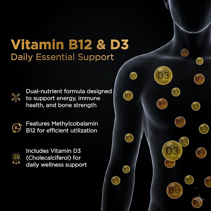 Vitamin B12 2500mcg + Vitamin D3 5000 IU (125mcg) Sublingual Tablets, 60 Count, Daily Energy & Bone Support, Lab Tested, Made in USA (60 Count (Pack of 1))