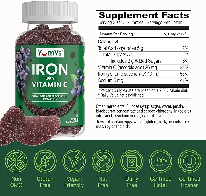 YUM-V'S Iron Gummies, Grape Flavor - 10 mg Chewable Iron Supplement, Gummies with Vitamin C - Kosher, Gluten Free - Blood Builder Iron Supplement Gummies (60 Count), Pack of 20