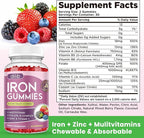 Iron Gummies with Multivitamin, Iron Supplement for Women & Men with Zinc, Vitamin B Complex & C, B12, Folate - Blood Builder & Energy Support for Adults & Kids - Mixed Berry Flavor, Vegan 60 Gummies
