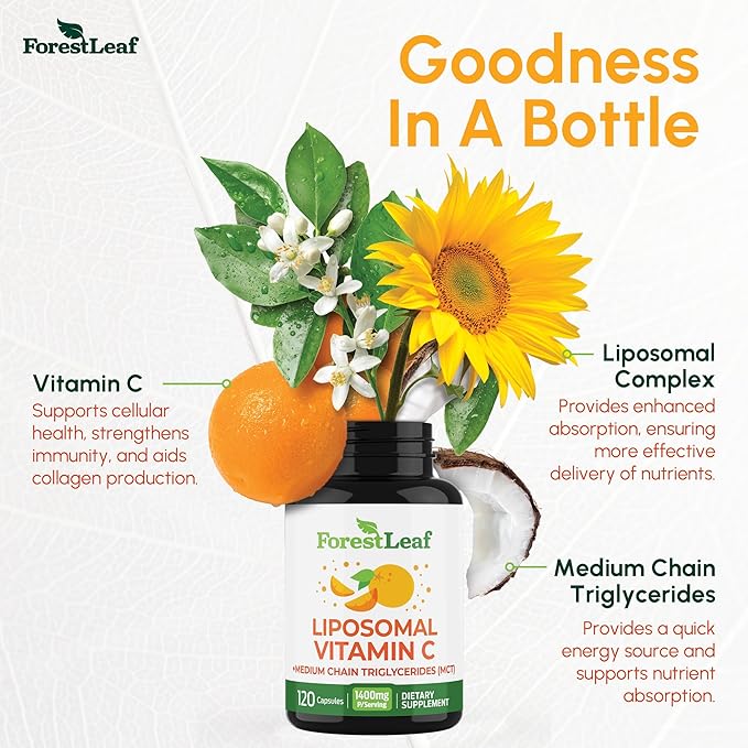 ForestLeaf Liposomal Vitamin C 1400mg Capsules | High Dose Vitamin C Liposomal Supplement w Coconut Oil Fatty Acids | Fast Absorption | Immune Support, Antioxidant, Collagen Production | 240 Vegan Cap