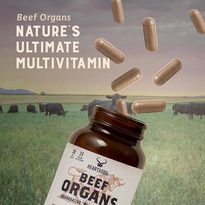 HEART & SOIL – 100% Grass Fed & Finished Beef Organs from Regenerative Cattle with Liver, Heart, Kidney, Pancreas & Spleen – 3000mg Beef Organ Supplement for Women & Men – Glass Bottle – 180 Capsules