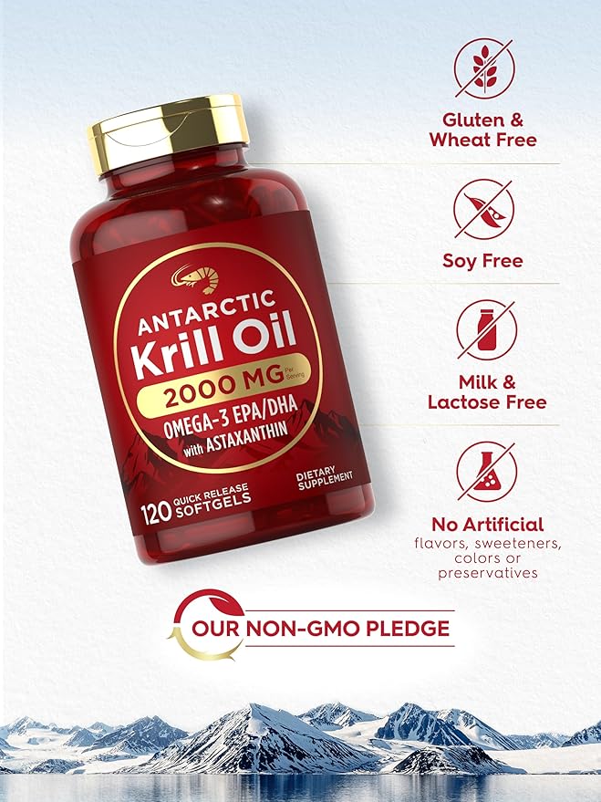 Carlyle Antarctic Krill Oil 2000mg | 120 Softgels | Omega-3 EPA, DHA, with Astaxanthin Supplement Sourced from Red Krill | Maximum Strength | Laboratory Tested