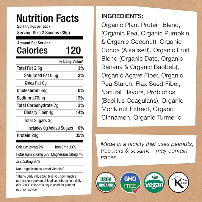 EarthChimp Organic Vegan Protein Powder - with Probiotics - Non GMO, Dairy Free, Non Whey, Plant Based Protein Powder for Women and Men, Gluten Free - 26 Servings 32 Oz (Chocolate)