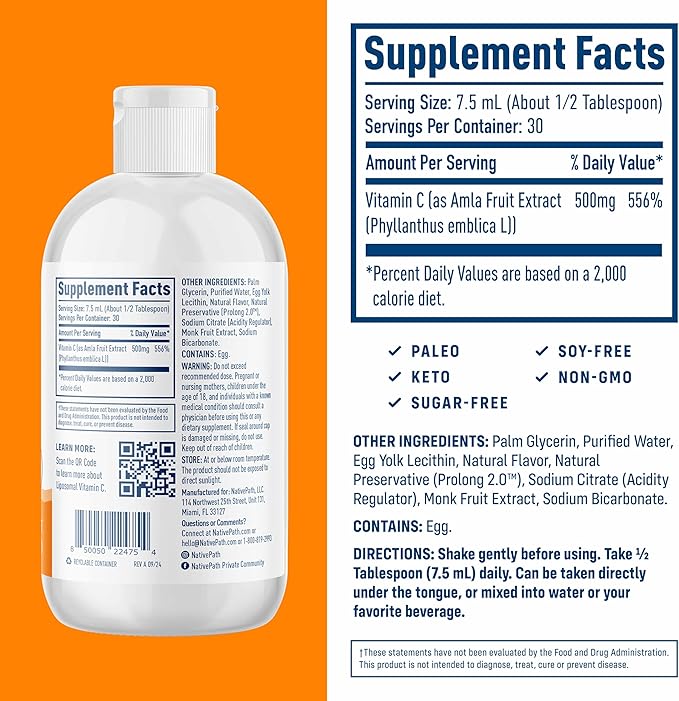 NativePath Liposomal Vitamin C 500mg with Amla Extract - High Absorption Immune Support Supplement - Orange Flavor, 30 Servings