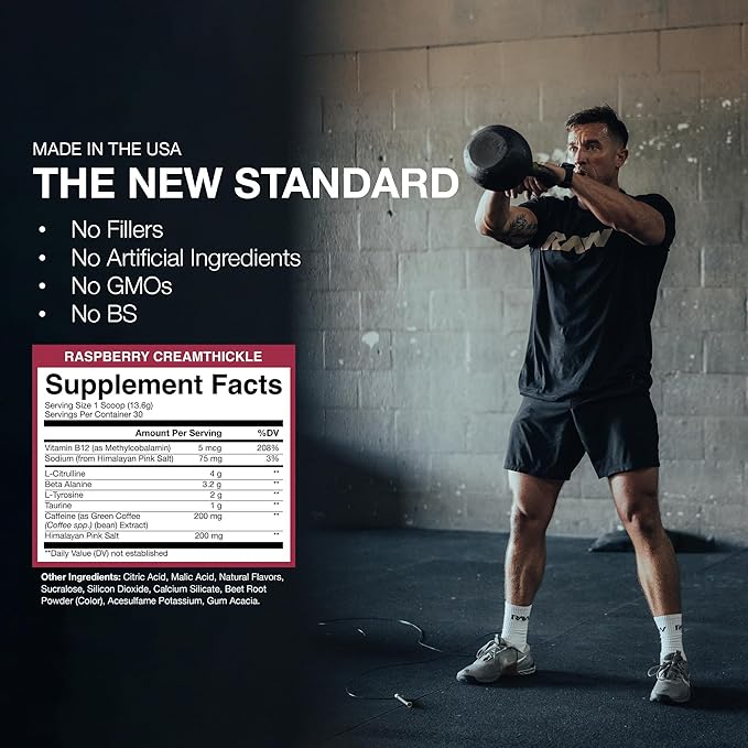 RAW Essential Pre-Workout Powder (Rasberry Creamthickle) - Chris Bumstead Sports Supplement for Men & Women - Preworkout Energy Powder with Caffeine, L-Citrulline, L-Tyrosine, & Beta Alanine Blend