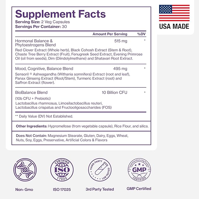 Menopause Supplements for Women - Natural Hormone Balance - Hot Flashes, Night Sweats, Sleep & Mood Support. with Sensoril® Ashwagandha, DIM, Chaste Berry & Black Cohosh Root - 60 Count