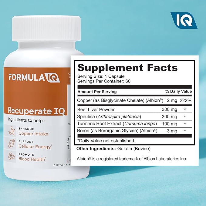 Formula IQ - Recuperate IQ - 5-in-1 Copper Supplements with Copper Bisglycinate - Easy-to-Swallow 2 mg Capsules - High Absorption, Boosts Energy - 60 Capsules