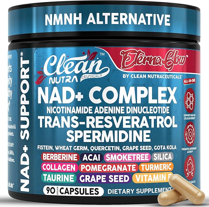 NAD Resveratrol Supplement Spermidine Fisetin Quercetin Grape Seed Gotu Kola Berberine Astaxanthin Taurine Pomegranate Acai Anti Aging Longevity Capsules for Women Men EternaGlow by Clean Nutra 90ct