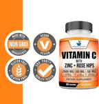 American Standard Supplements Vitamin C 2000mg, Zinc 40mg, and Rose Hips 50mg Per Serving, Vegan, Gluten Free, Non-GMO (120 Count)