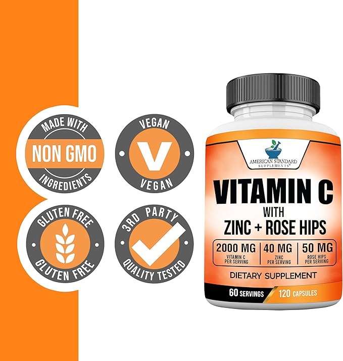 American Standard Supplements Vitamin C 2000mg, Zinc 40mg, and Rose Hips 50mg Per Serving, Vegan, Gluten Free, Non-GMO (120 Count)