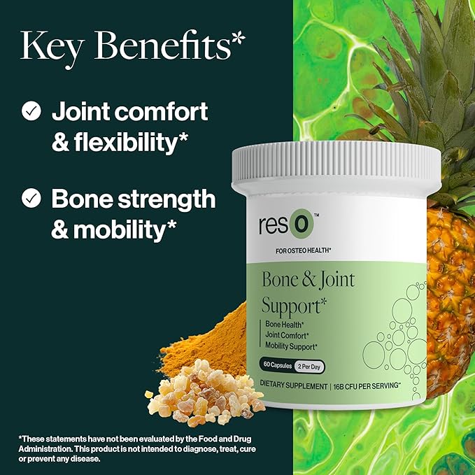 resO Bone & Joint Postbiotic for Women & Men - Natural Glucosamine & Chondroitin Supplement, Joint Health Support, Formula with Boswellia, MSM, & Vitamin D3, Gluten Free, Non GMO - 60 Capsules