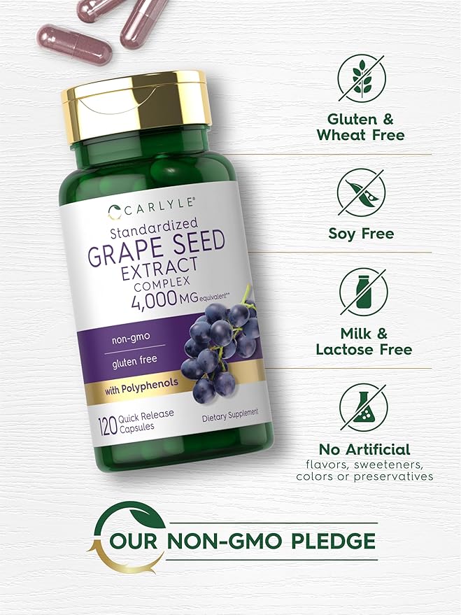 Carlyle Grape Seed Extract | 120 Quick Release Capsules | Standardized Extract Complex with Polyphenols | Non-GMO, Gluten Free Supplement