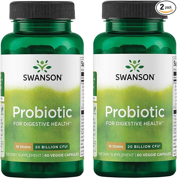 Swanson Probiotic for Digestive Health GI Tract Immune Support Travelers Support 20 Billion CFU with Prebiotic FOS 60 Veggie Capsules (Caps) (2 Pack)