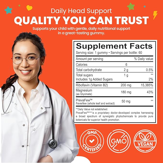 Kids Migraine Gummies – Original Triple Protocol Formula, 60 Gummies with Magnesium, Riboflavin B2 & Feverfew – Natural Brain Health Supplement for Migraine Wellness Support for Children