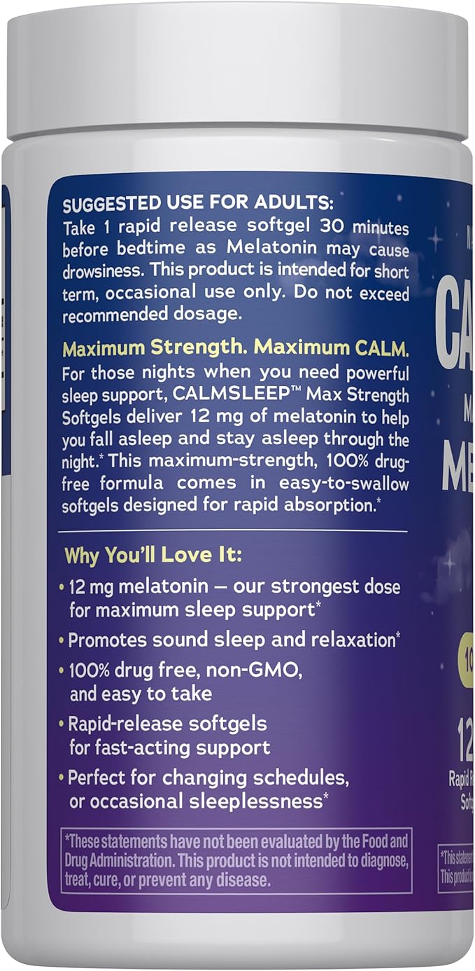 Natural Vitality Melatonin Softgels | 12mg Maximum Strength Supplement | 100% Drug Free | 120 Count