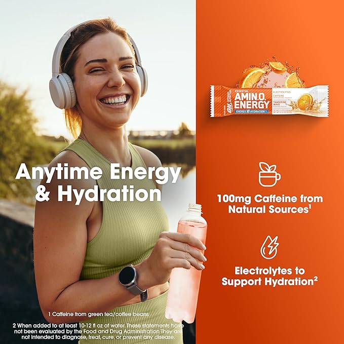 Optimum Nutrition Essential Amino Energy Plus Electrolytes Stick Packs, Energy Powder, Tangerine Wave, 7 Count