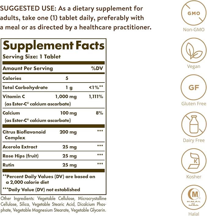 Solgar Ester-C Plus 1000 mg Vitamin C (Ascorbate Complex), 60 Tablets - Gentle On The Stomach & Non Acidic - Antioxidant & Immune System Support - Non GMO, Vegan, Gluten-Free, Kosher - 60 Servings