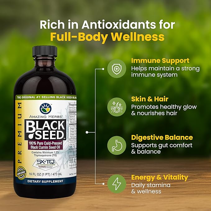 Amazing Herbs Premium Black Seed Oil - Gluten Free, Non GMO, Cold Pressed Nigella Sativa Aids in Digestive Health, Immune Support, Brain Function - 16 Fl Oz (Pack of 2)