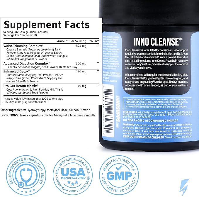InnoSupps Inno Cleanse 14 Day Colon & Detox Flush, Waist Trimming Complex, Gut Cleanse, Digestive System Support, Stool Softener & Reduced Bloating & Occasional Constipation Relief