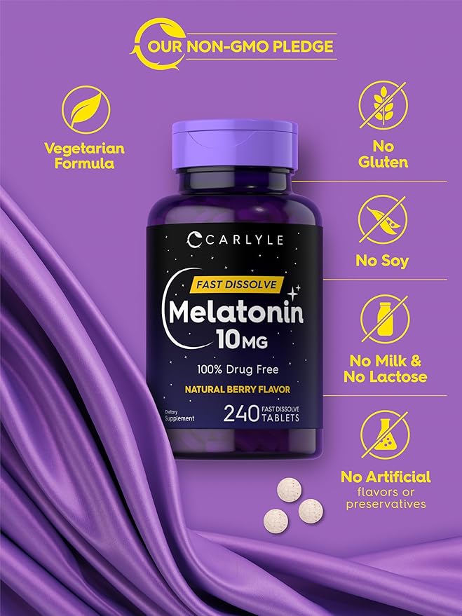 Carlyle Melatonin 10mg Fast Dissolve Tablets | 240 Count | Berry Flavor | 100% Drug Free | Vegetarian, Non-GMO, Gluten Free Supplement