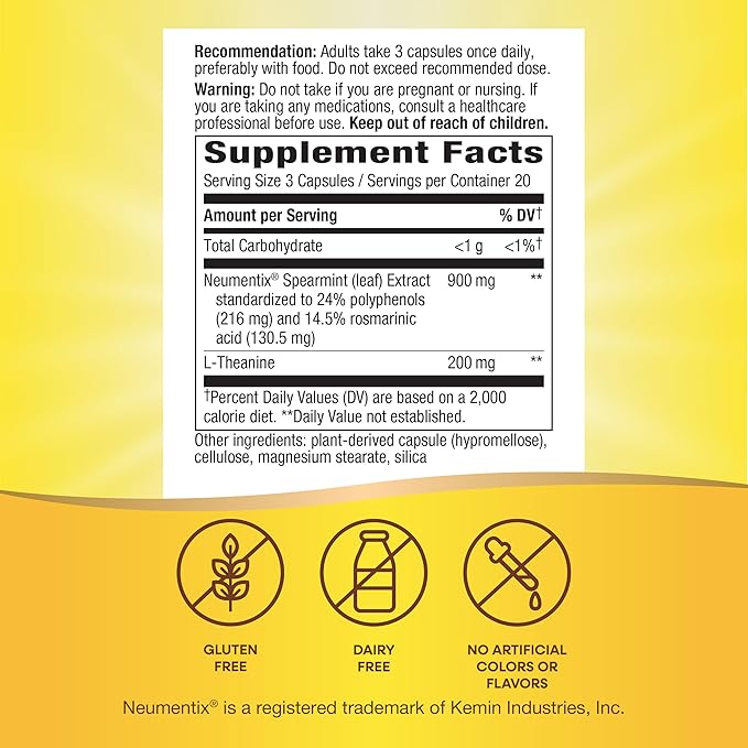 Nature’s Way Sustained Focus, Improved Focus & Concentration*, with Clinically Studied Neumentix Spearmint Extract, L-Theanine, 60 Capsules (Packaging May Vary)