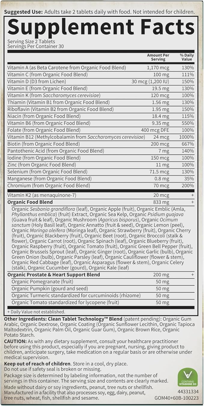 Garden of Life Organics Men's 40+ Multivitamin with Prostate Support, B12 & Vitamins – Vegan Daily Whole Food Multivitamin, Non-GMO, Certified Organic, 60 Tablets
