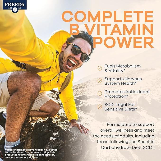FREEDA Vitamin B Complex with Vitamin C & Zinc – Stress B Complex, Methylfolate & Active B12 + B1 B2 B3 B6 Biotin Choline – BComplex Vitamins for Women & Men – SCD Legal, Kosher, Vegan (180 Capsules)