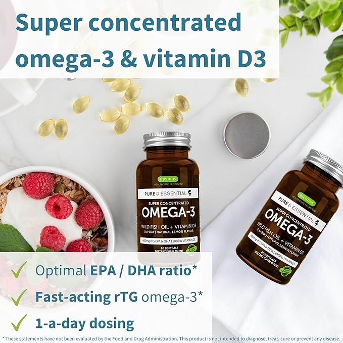 Igennus Advanced rTG Omega-3 IFOS Certified Wild Fish Oil & Vitamin D3, 1-a-Day, Fatty Acids EPA & DHA, Fast-Acting Triglyceride Form, Ultra Pure & Non-GMO, 60 Softgels