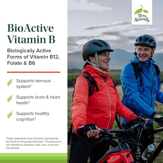 Terry Naturally BioActive Vitamin B - Aid Heart Health with Bioactive B Vitamins - Supplement with Folate & Calcium - B Complex Vitamin to Aid Nervous System Function - 60 Capsules (Pack of 2)