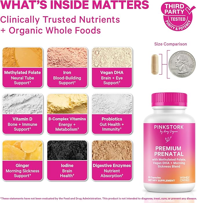 Pink Stork Premium Prenatal Vitamins for Women | Methylated Folate, Choline, Iron, Vegan DHA | Doctor-Formulated Prenatal Vitamin | Organic Whole-Foods & Probiotic | Gentle on Stomach, 60 Count